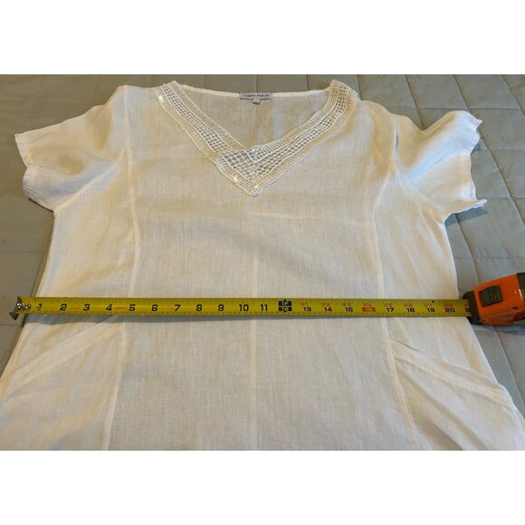 TEMPO PARIS Off White 100% Linen Artsy Dress Rauched Skirt Asymetrical Hem SZ M - Picture 6 of 16